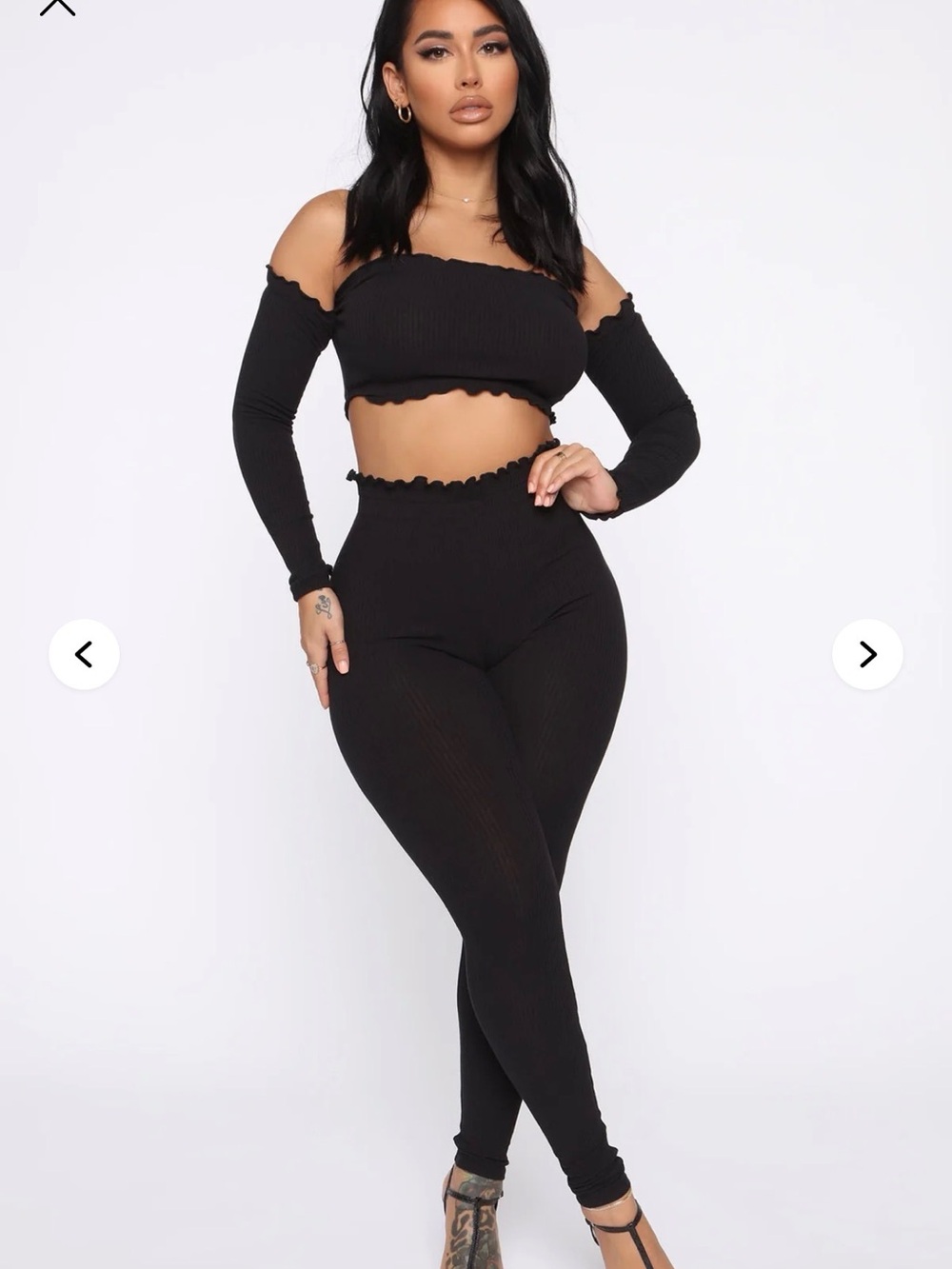 Fashion Nova Black Off-Shoulder Ribbed Two-Piece Jumpsuit Set